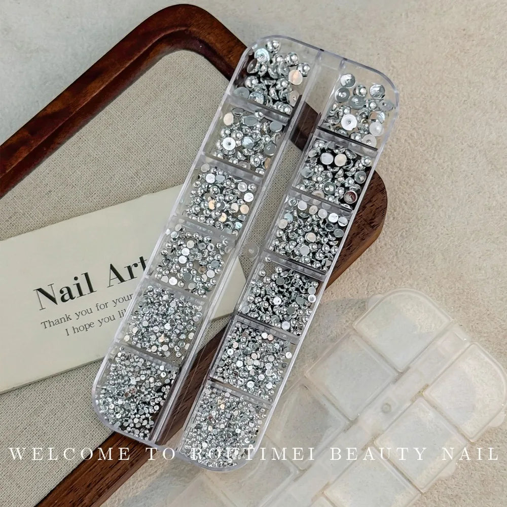 3D Half Round Pearl Nail Charms | Gold & Silver Flatback Beads Nail Art Charms QXL Silver