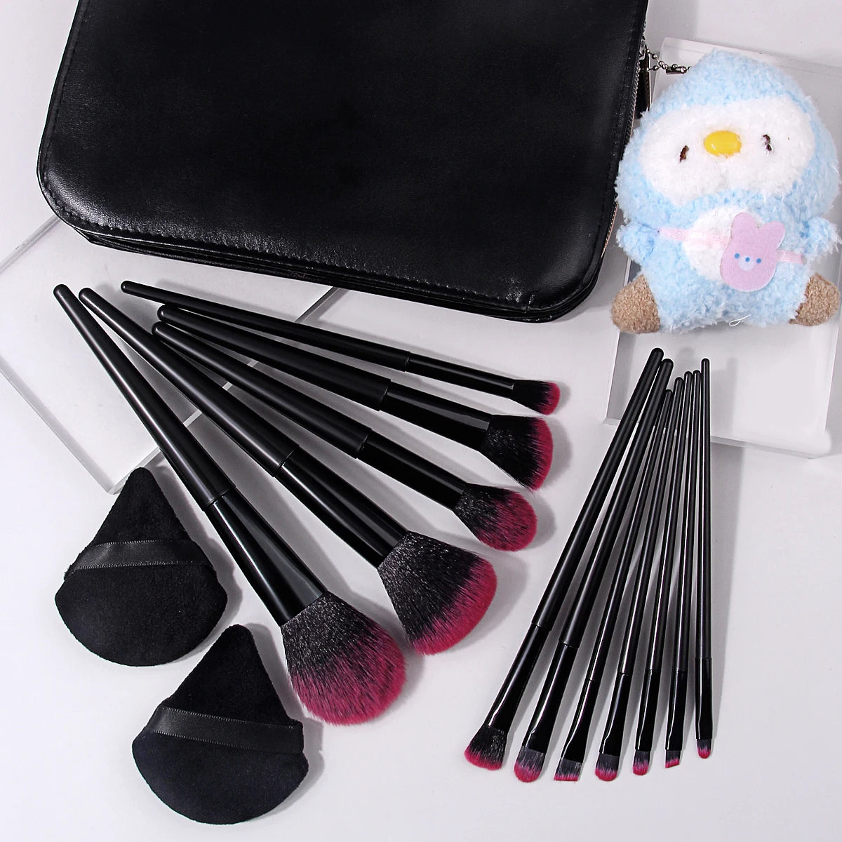 KOSSHOW 16-Piece Makeup Brush Set with PU Bag | Pink & Black Makeup Brush Set QXL