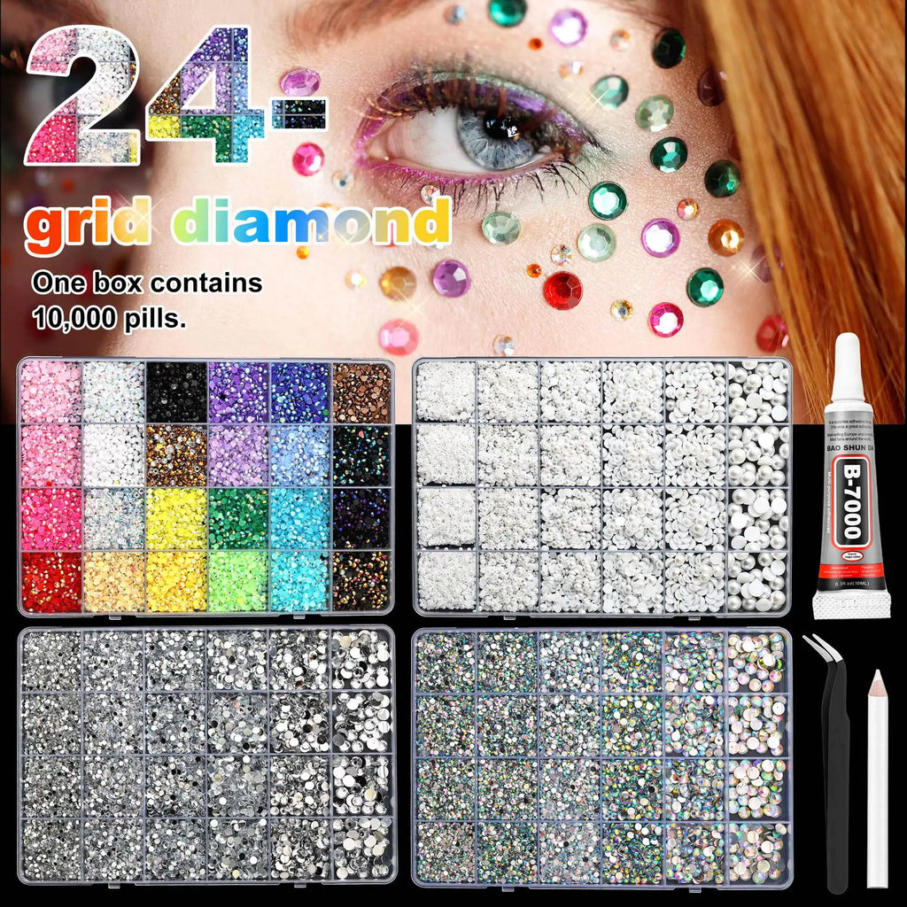 24-Grid AB Rhinestone Set | Mixed Flatback Gems 3–6mm DIY Nail Art Rhinestones QXL