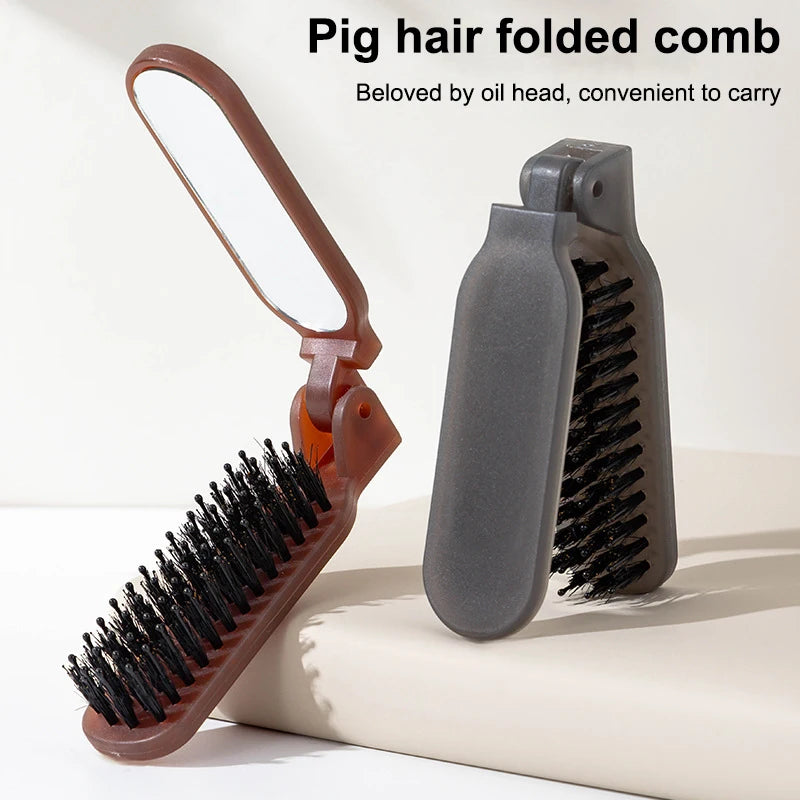 Foldable Boar Bristle Travel Hair Brush with Mirror | Pocket Travel Hair Brush QXL