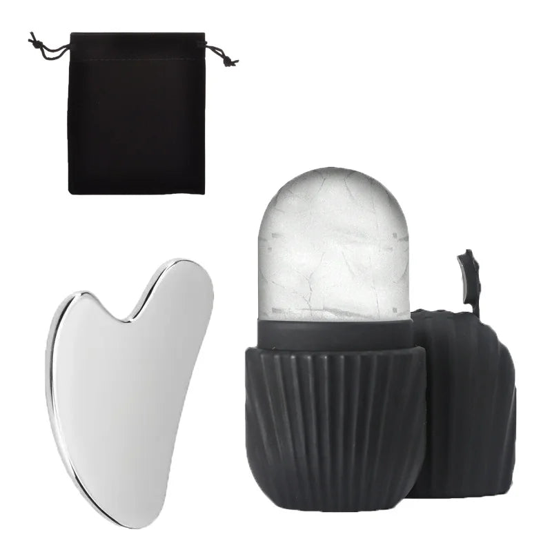 Ice Facial Roller & Gua Sha Tool Set | Face Lifting Skin Care Facial Roller Set QXL 3Pcs Set Black