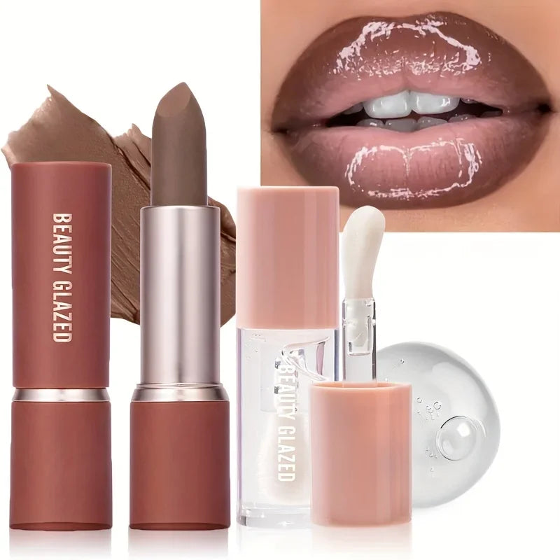 Beauty Glazed Matte Brown Lipstick & Lip Gloss Set | 2-Pc Kit Lip Gloss & Lipstick QXL