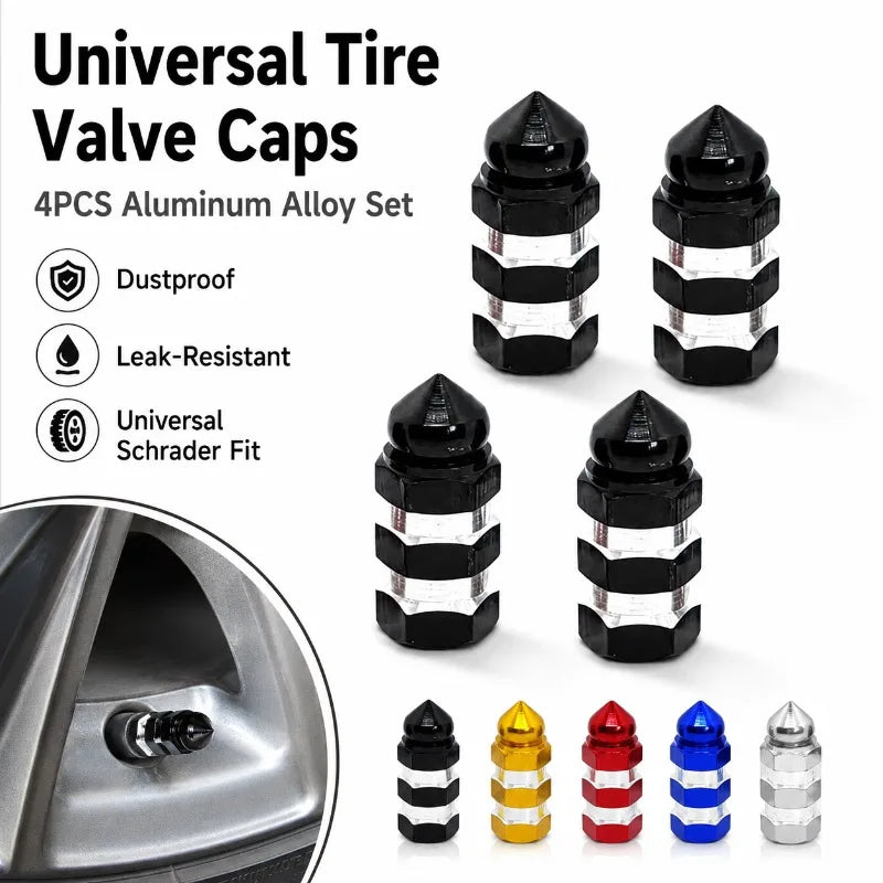 4-Pack Aluminum Tire Valve Stem Caps | Hex Dustproof Covers Tire Valve Caps QXL