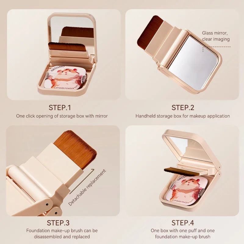 GECOMO Traceless Powder Puff Case with Mirror & Brush Powder Puff Compact QXL
