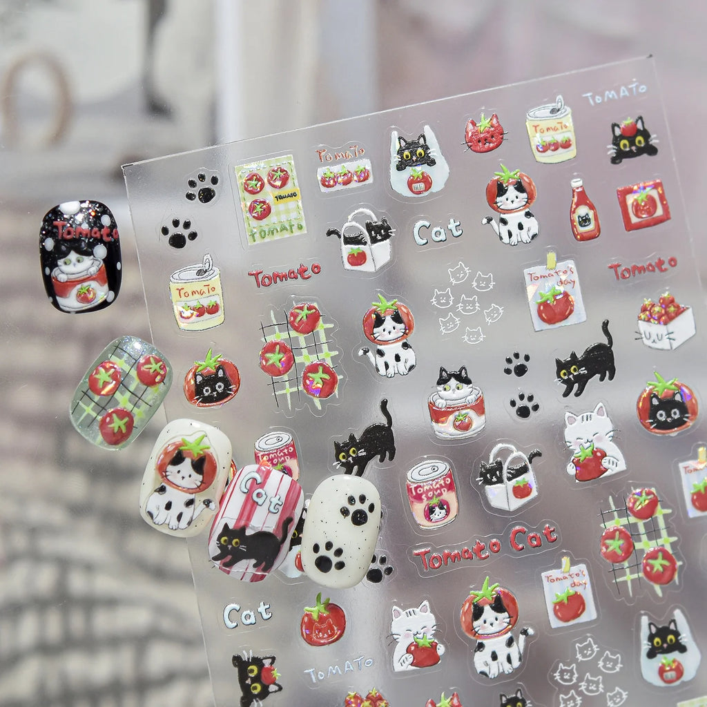 5D Cat & Cartoon Food Nail Stickers | Paw Print Decals DIY Nail Art Stickers QXL