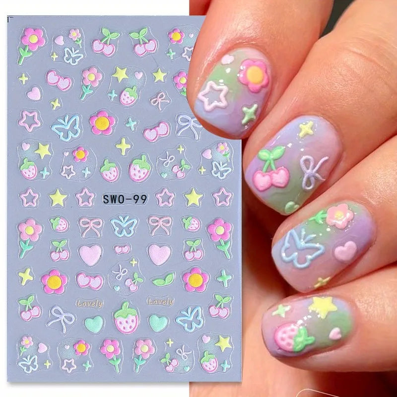 3D Matte Nail Art Stickers | Kawaii Cherry Bow Butterfly Floral Nail Art Stickers QXL