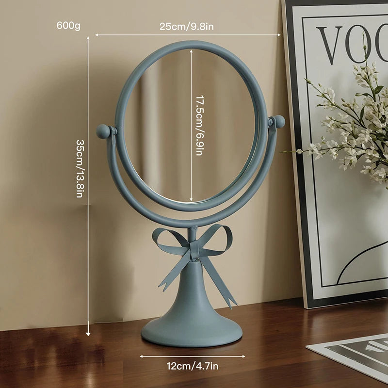 Retro Vanity Mirror Iron Frame 360° Rotating Bowknot Makeup Mirror Vanity Makeup Mirror QXL Blue