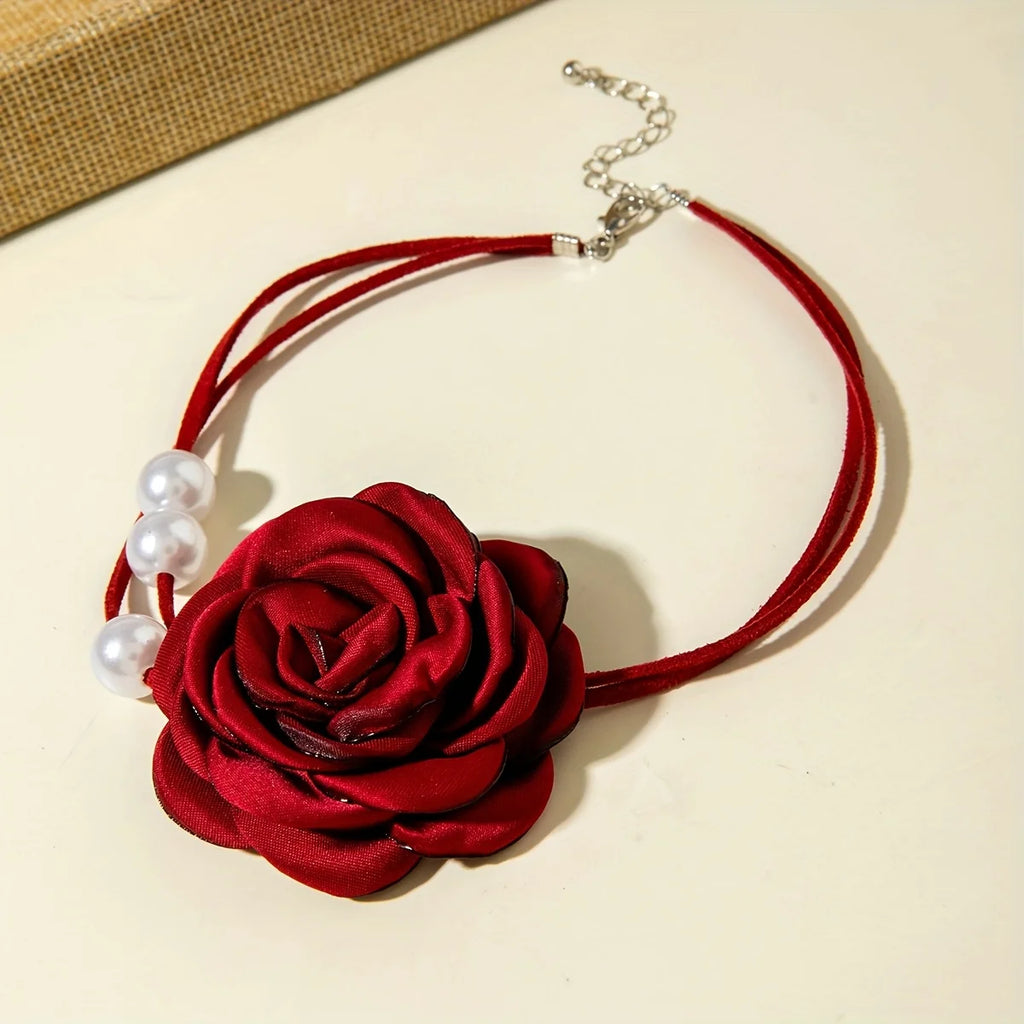 3D Rose Pendant Necklace | Vintage Burgundy Bead Design Pendant Necklace QXL