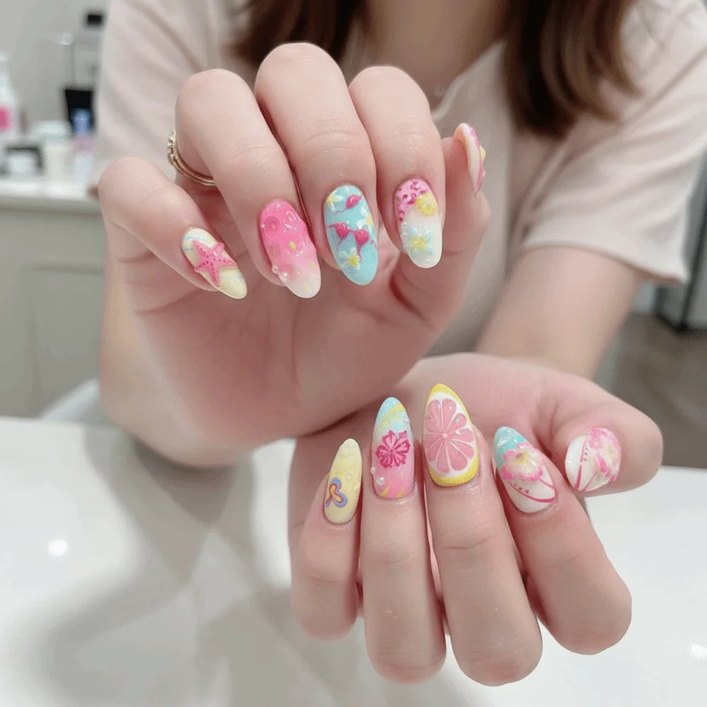 30-Pc 3D Pearl Flower Press-On Nails | Almond Beach Y2K Press-On False Nails QXL