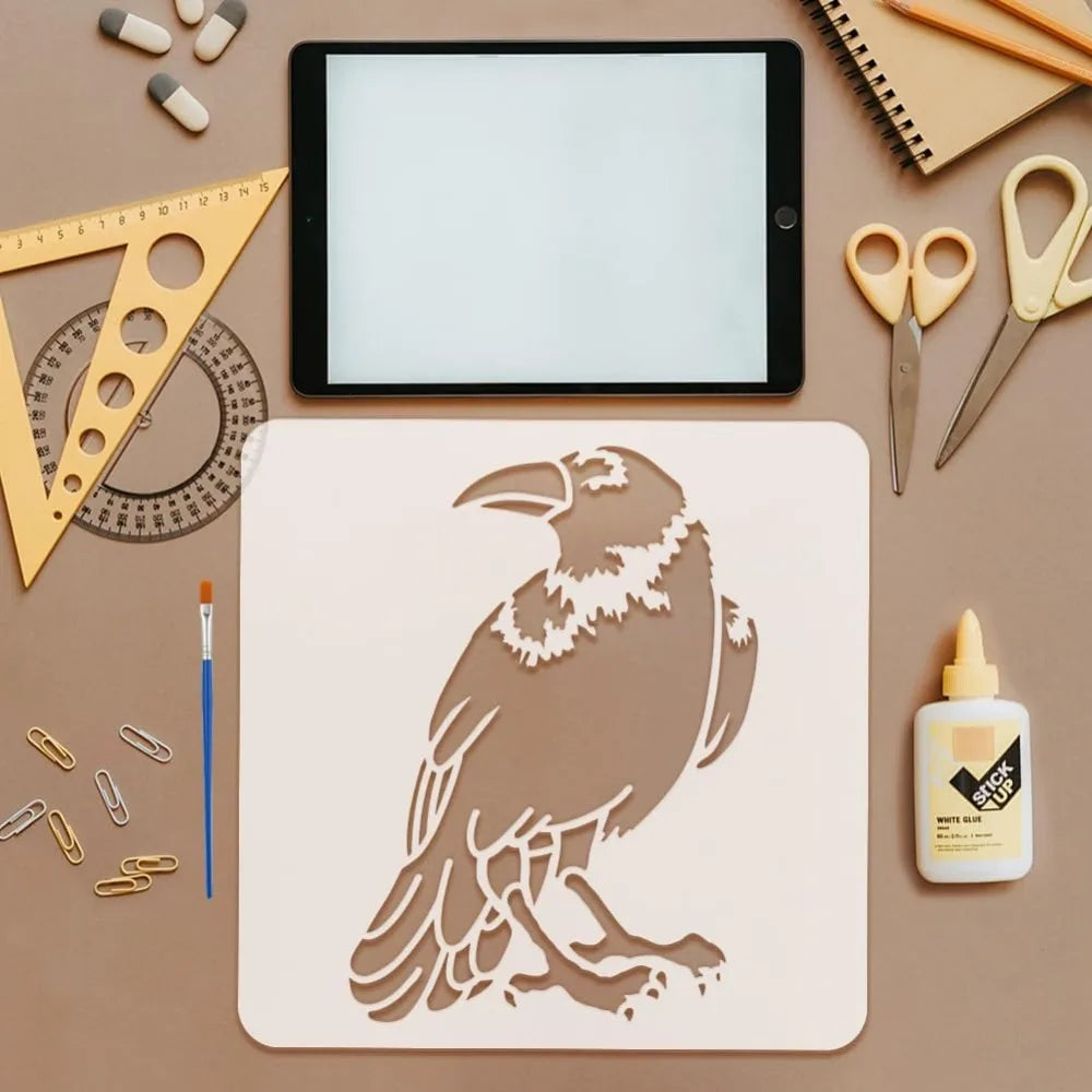 4-Pack Flying Crow Raven Stencils 11.8" | Reusable PET + Brush Painting Stencil Set QXL