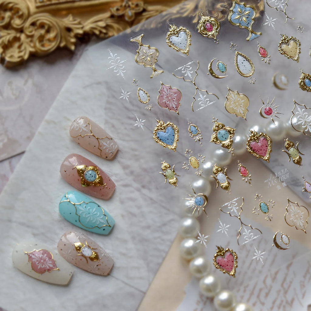 5D Retro Nail Stickers | Gem, Gold & Star Self-Adhesive Decals Nail Art Stickers QXL