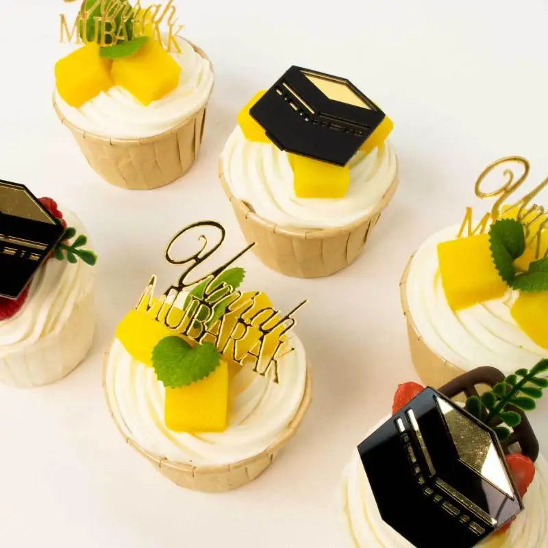 Hajj Umrah Mubarak Golden Cake Toppers | Ramadan Party 3/6Pcs Cake Toppers QXL