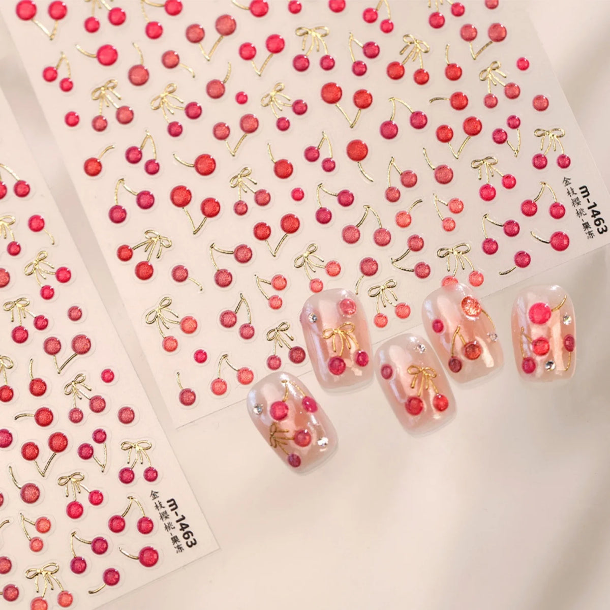 5D Vintage French Nail Stickers | Gold Cherry Bow Decals Nail Art Stickers QXL