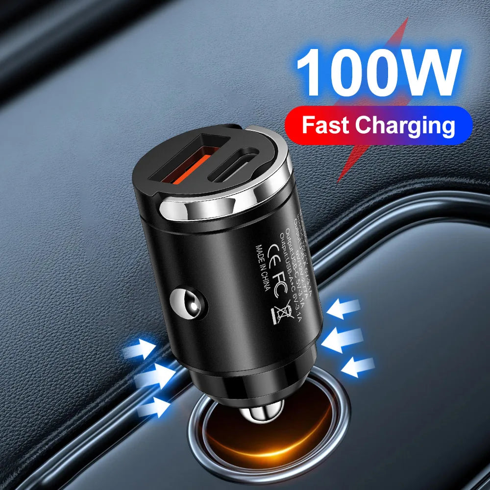 100W PD Fast Car Charger | USB-C & USB-A with Pull Ring Car Charger QXL