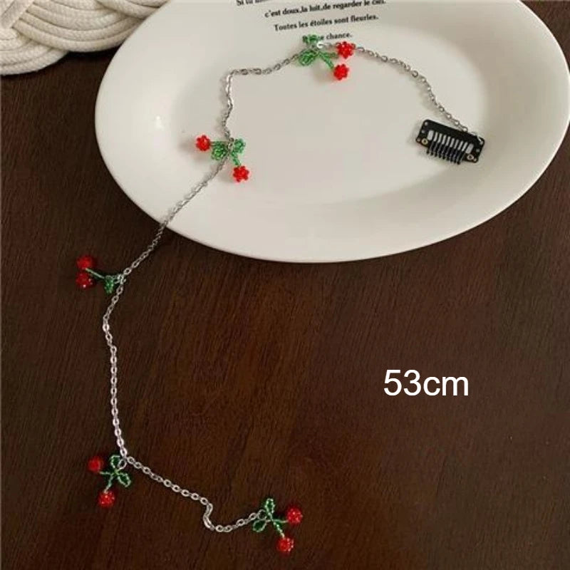 Red Cherry Tassel Hair Clip | Braided Wax Thread Charm Tassel Hair Clip QXL 53cm for long hair