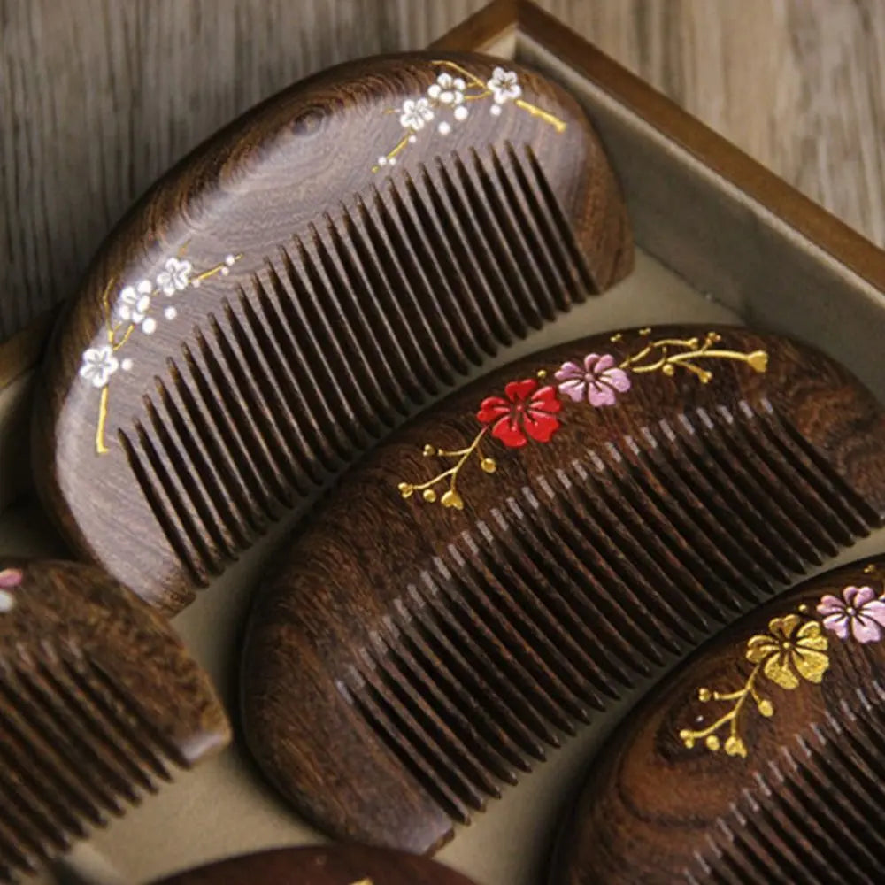Sandalwood Hair Comb | Plum Blossom Gold Engraved Gift Wooden Hair Comb QXL