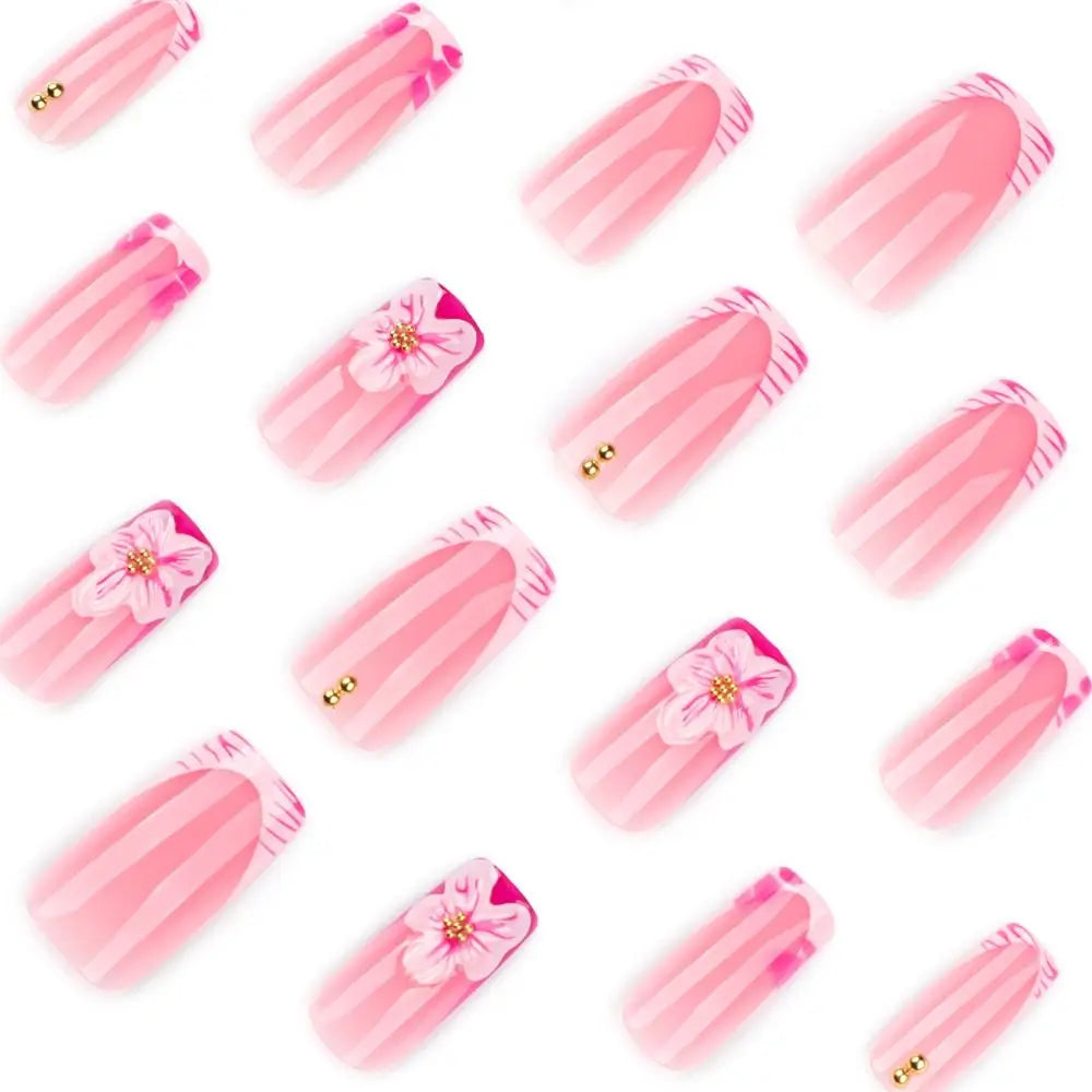 Long Ballerina Press-On Nails – Pink Flowers & French Tips Press-On Nails QXL