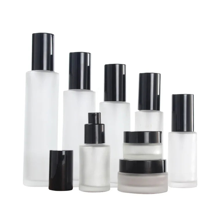 Frosted Glass Cosmetic Bottles & Cream Jars | Black Lid Cosmetic Glass Bottle QXL
