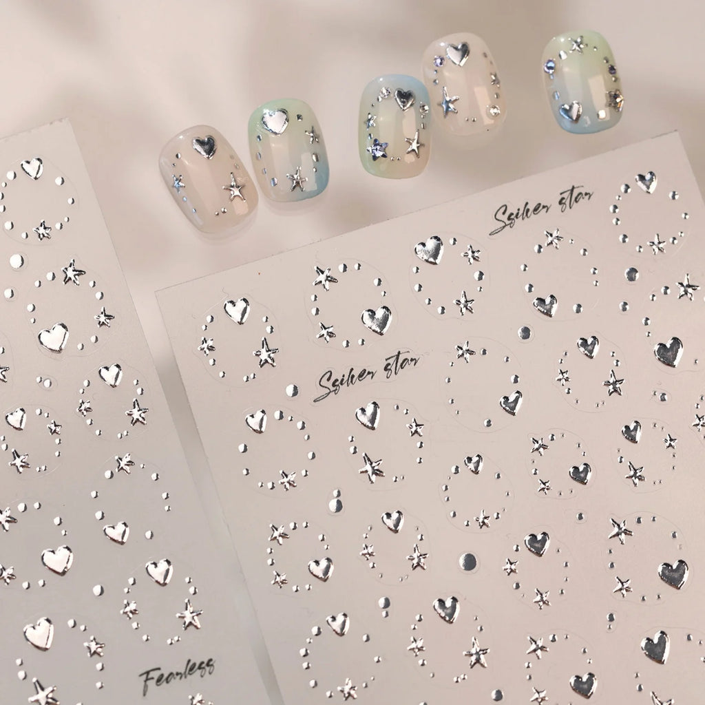 5D Silver Star & Heart Nail Art Stickers – Self-Adhesive Decals Nail Art Stickers QXL
