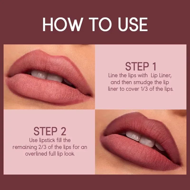 2-in-1 Matte Lipstick & Lip Liner Set | Waterproof High Pigment Lip Makeup Set QXL