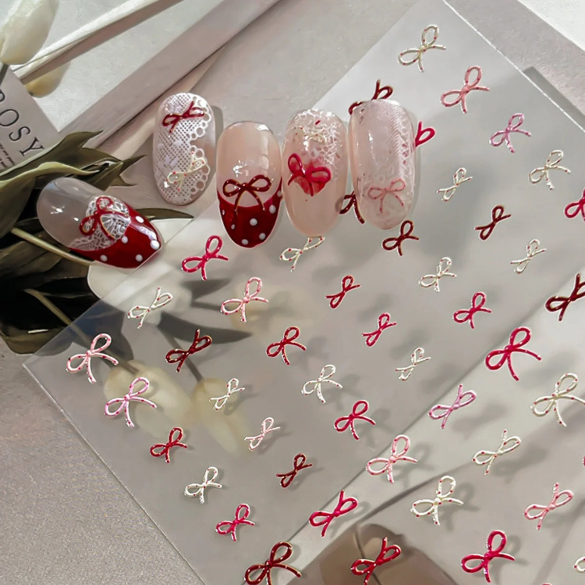 5D French Ballet Nail Stickers – Bow & Thin Line Nail Decals Nail Art Stickers QXL