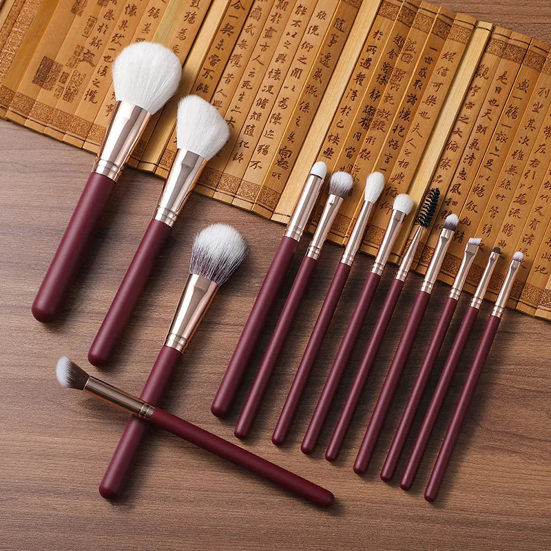 13-Pc Goat Hair Makeup Brush Set | Burgundy Wood Handle Makeup Brush Set QXL