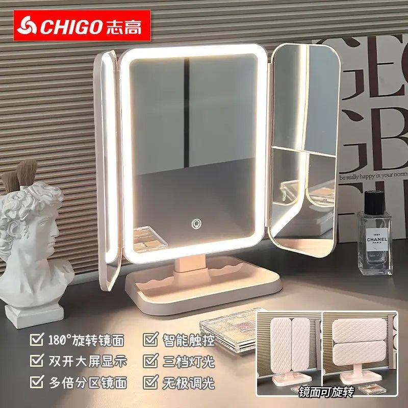 LED Lighted Trifold Folding Makeup Mirror | Double-Door Desktop Lighted Makeup Mirror QXL Pink