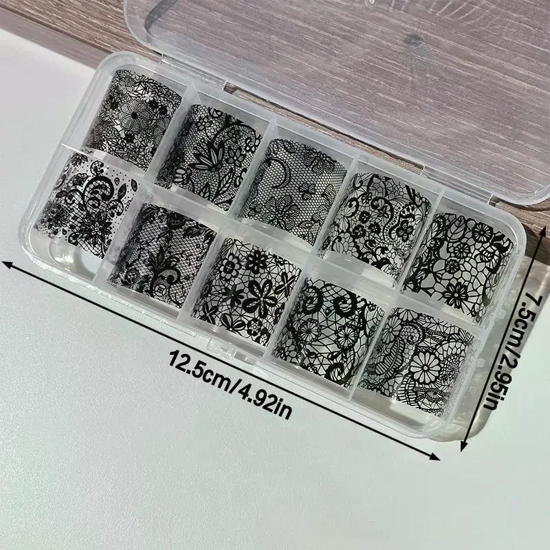10-Roll Lace Nail Transfer Foils | Black White Red Floral Art Nail Transfer Foils QXL