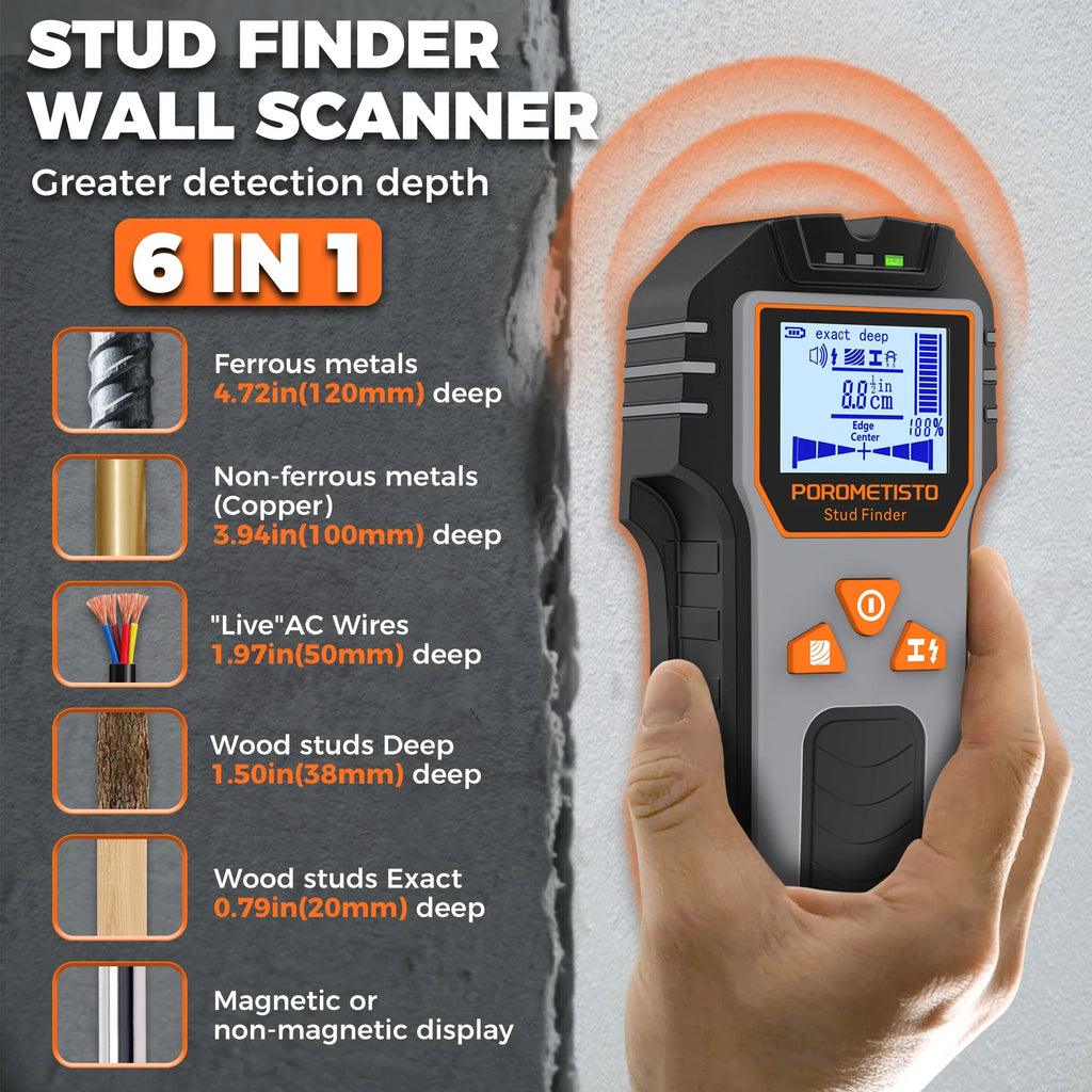 POROMETISTO DSF01 6-in-1 Stud Finder Wall Scanner | LCD Stud Finder Scanner QXL