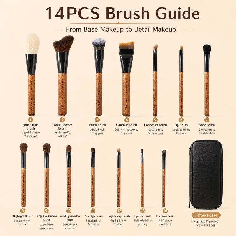 14-Piece Makeup Brush Set | Wooden Handle & Portable Case Makeup Brush Set QXL