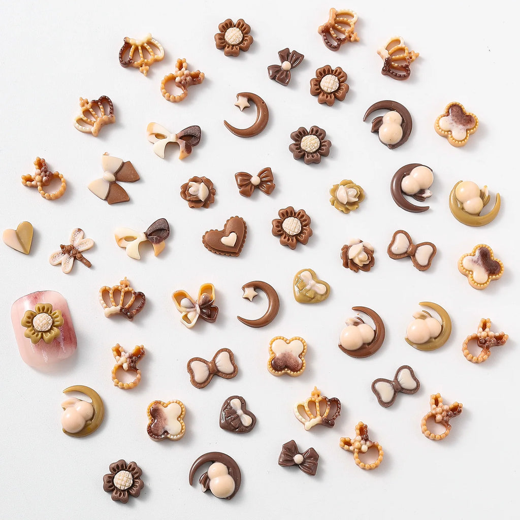 50-Pc 3D Kawaii Nail Charms | Autumn Brown Resin Heart Bow Flower 3D Nail Art Charms QXL