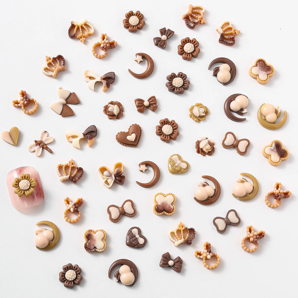 50-Pc 3D Kawaii Nail Charms | Autumn Brown Resin Heart Bow Flower 3D Nail Art Charms QXL