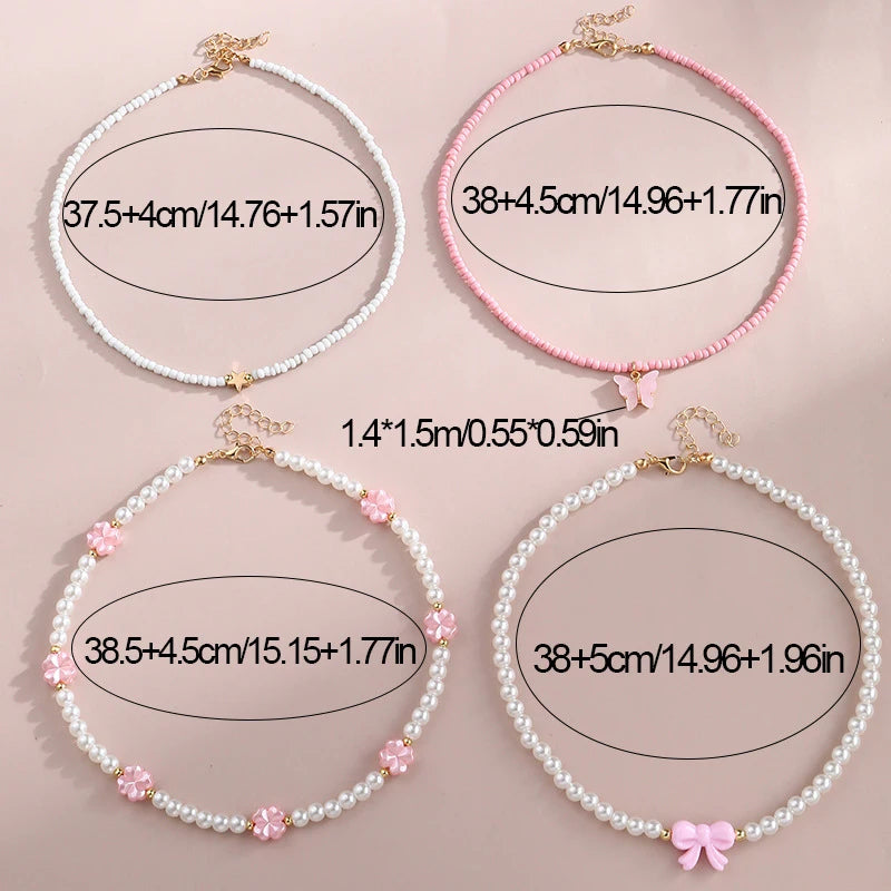 4-Pack Kids Butterfly & Pearl Beaded Necklace Set | Gift Kids Pendant Necklace QXL