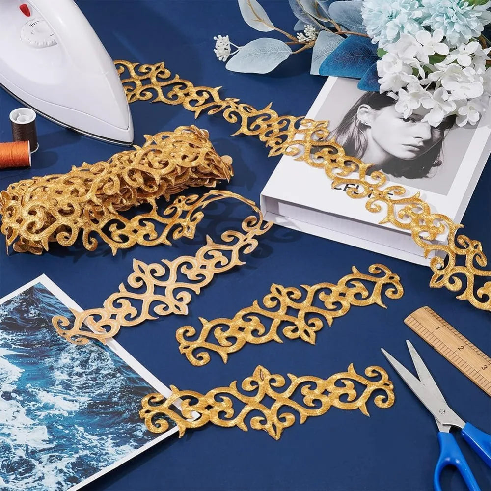 Iron-On Gold Embroidery Lace Trim 4.37 Yds | Floral Metallic Embroidery Lace Trim QXL