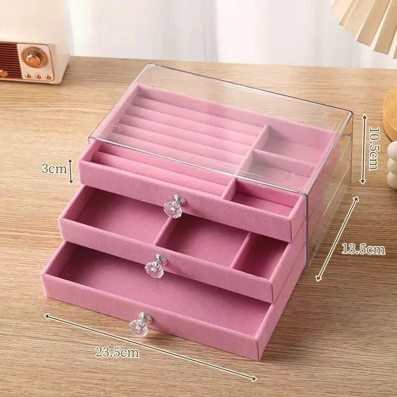 3-Tier Stackable Drawer Jewelry Box | Velvet Organizer Case Jewelry Storage Box QXL Pink-3