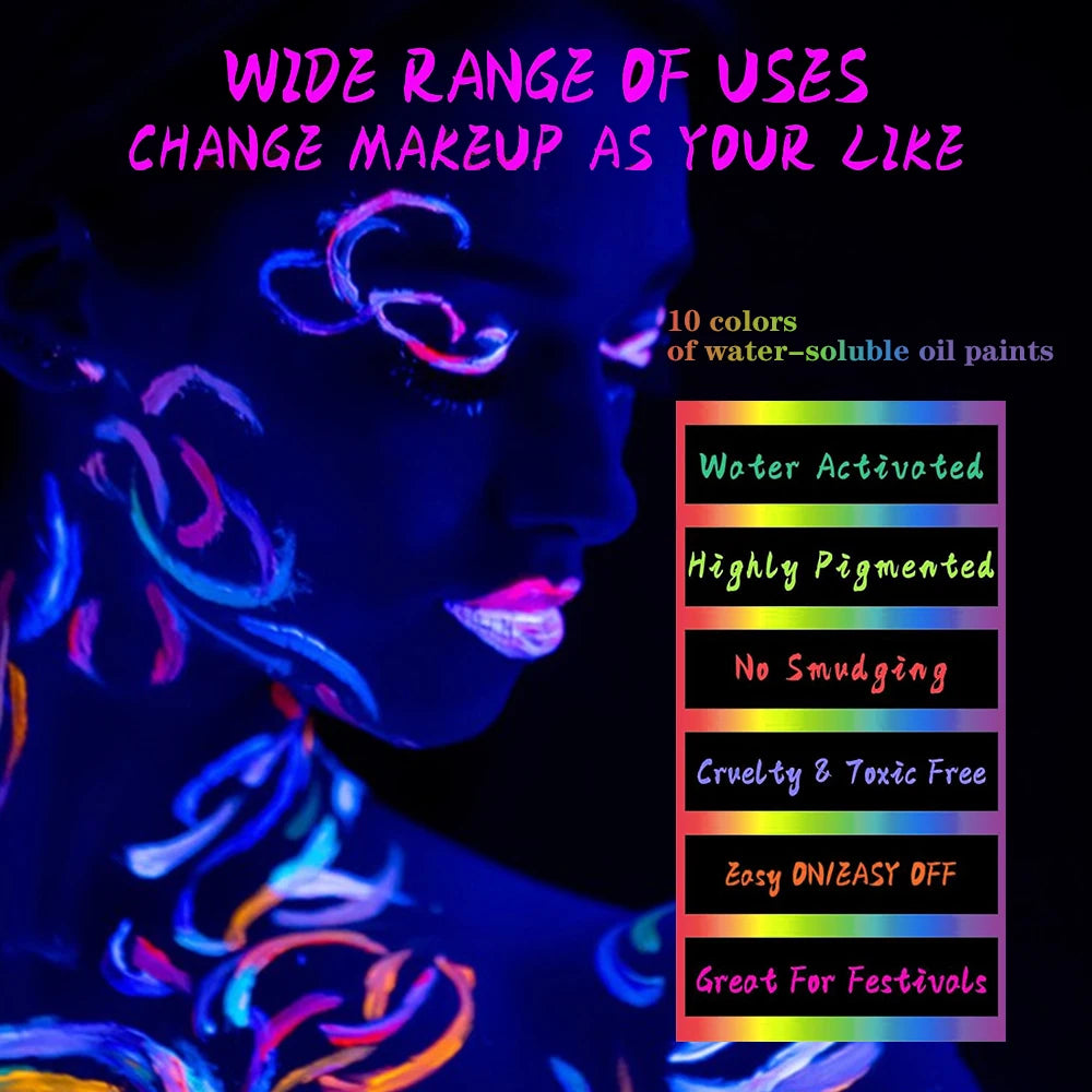 VERONNI 10-Color UV Neon Face & Body Paint | Glow Palette UV Face Body Paint QXL