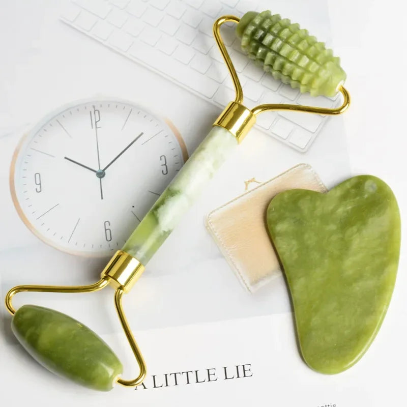 Jade Face Roller & Gua Sha Board Set | Natural Stone Massager Jade Facial Roller Set QXL