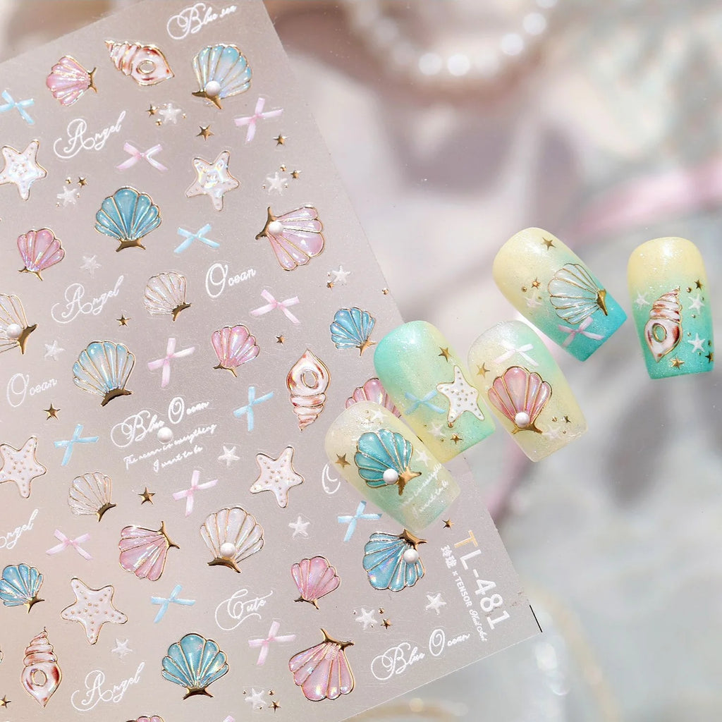 5D Beach Nail Stickers – Shell Starfish Gold Foil Decals Nail Art Stickers QXL