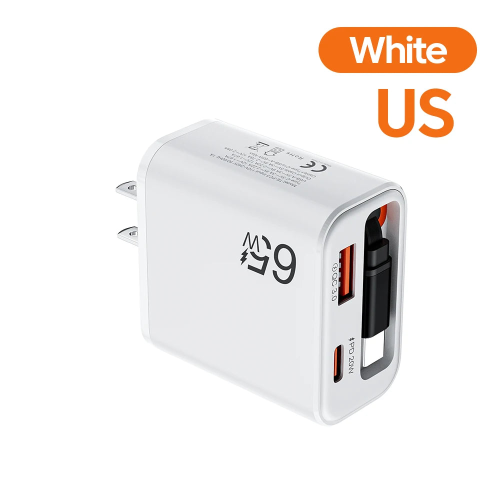 65W USB Fast Charger with Retractable Type-C Cable | PD 20W USB Wall Charger QXL White US