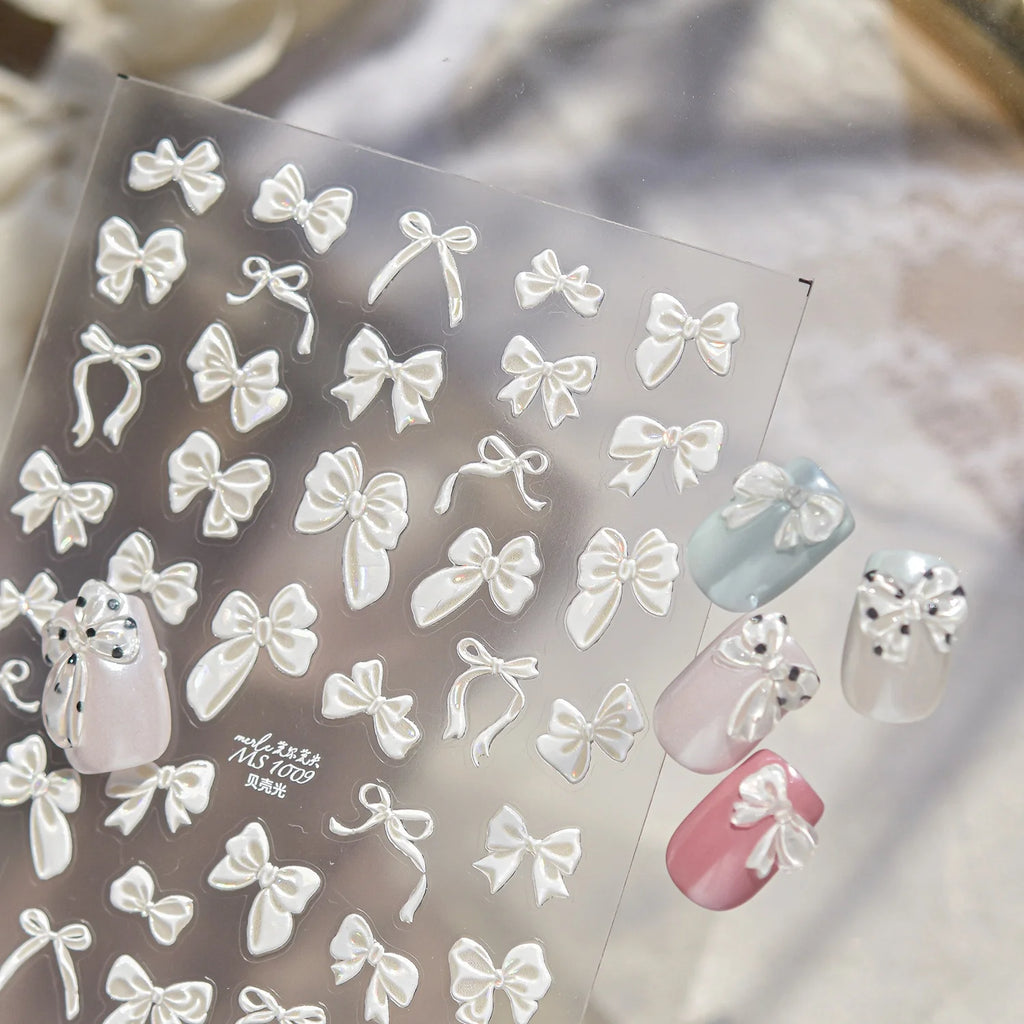 5D Bow Nail Stickers | Shell Shiny Satin Bowknot Self-Adhesive Decals Nail Art Stickers QXL