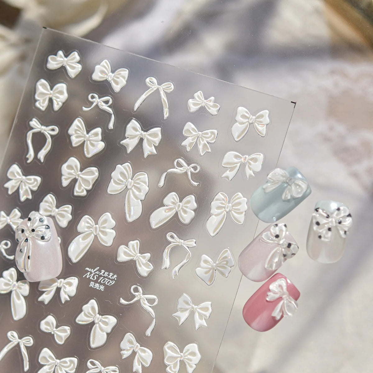 5D Bow Nail Stickers | Shell Shiny Satin Bowknot Self-Adhesive Decals Nail Art Stickers QXL