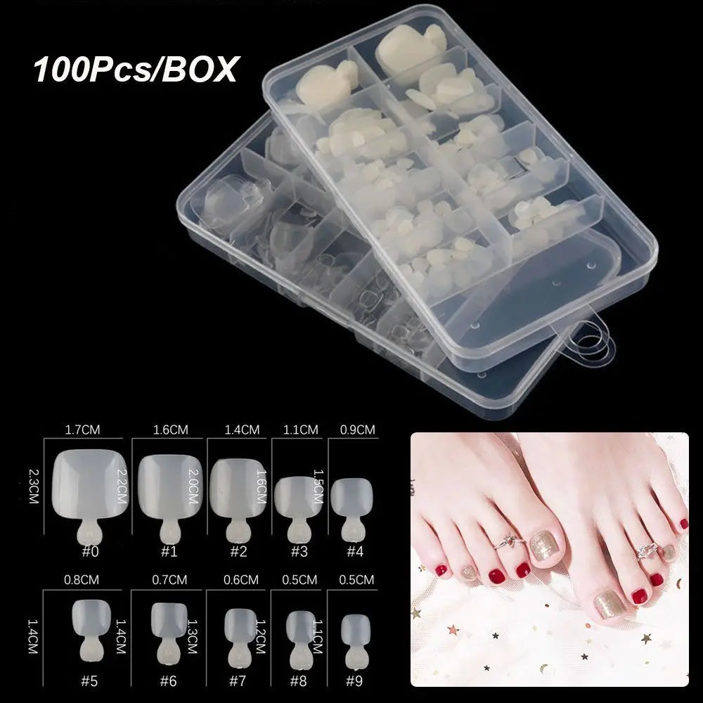 100-Pack Clear False Toenail Tips | 10 Sizes Full Nail Set False Toenail Tips QXL