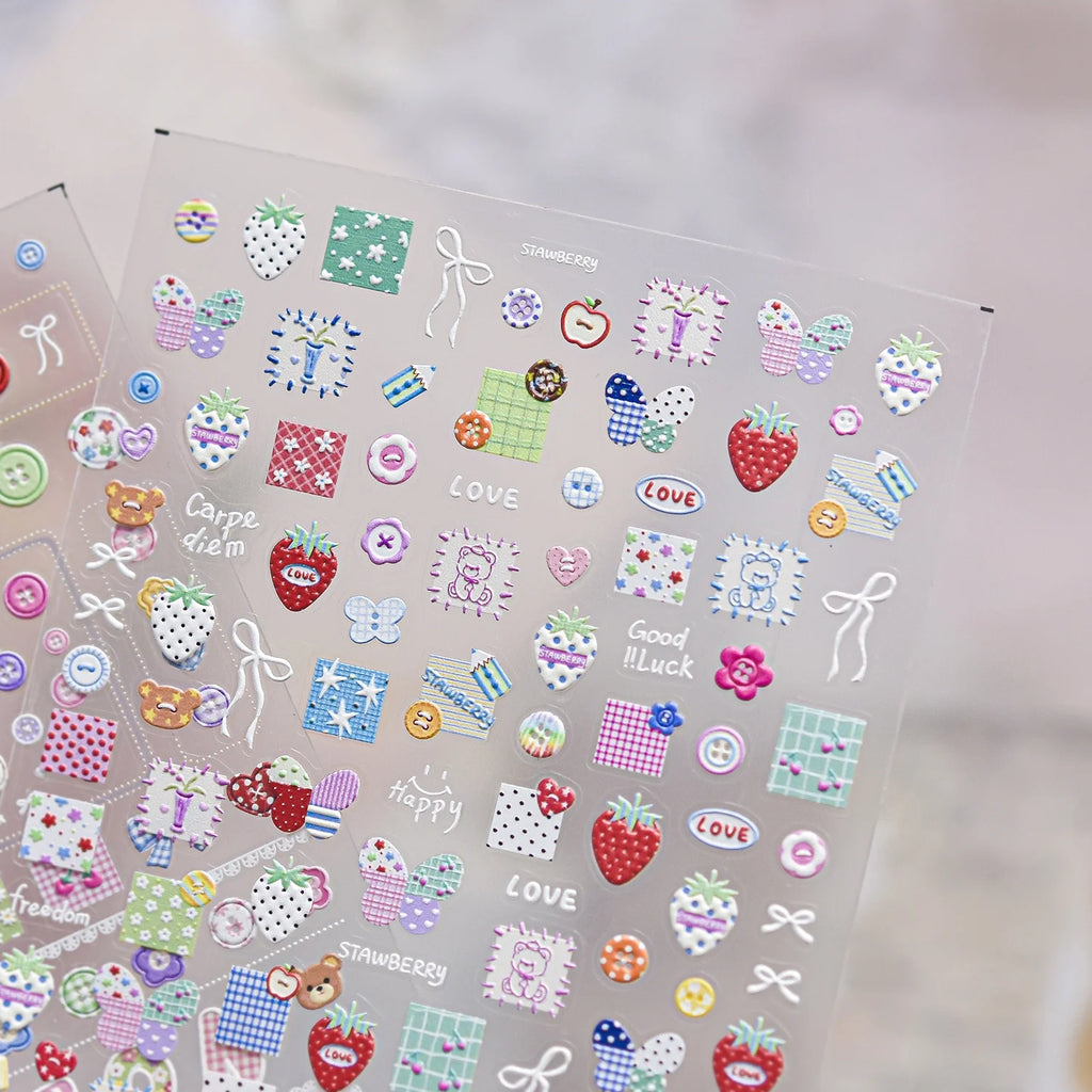 5D Cartoon Nail Stickers | Bear Bow Strawberry Self-Adhesive Nail Art Stickers QXL