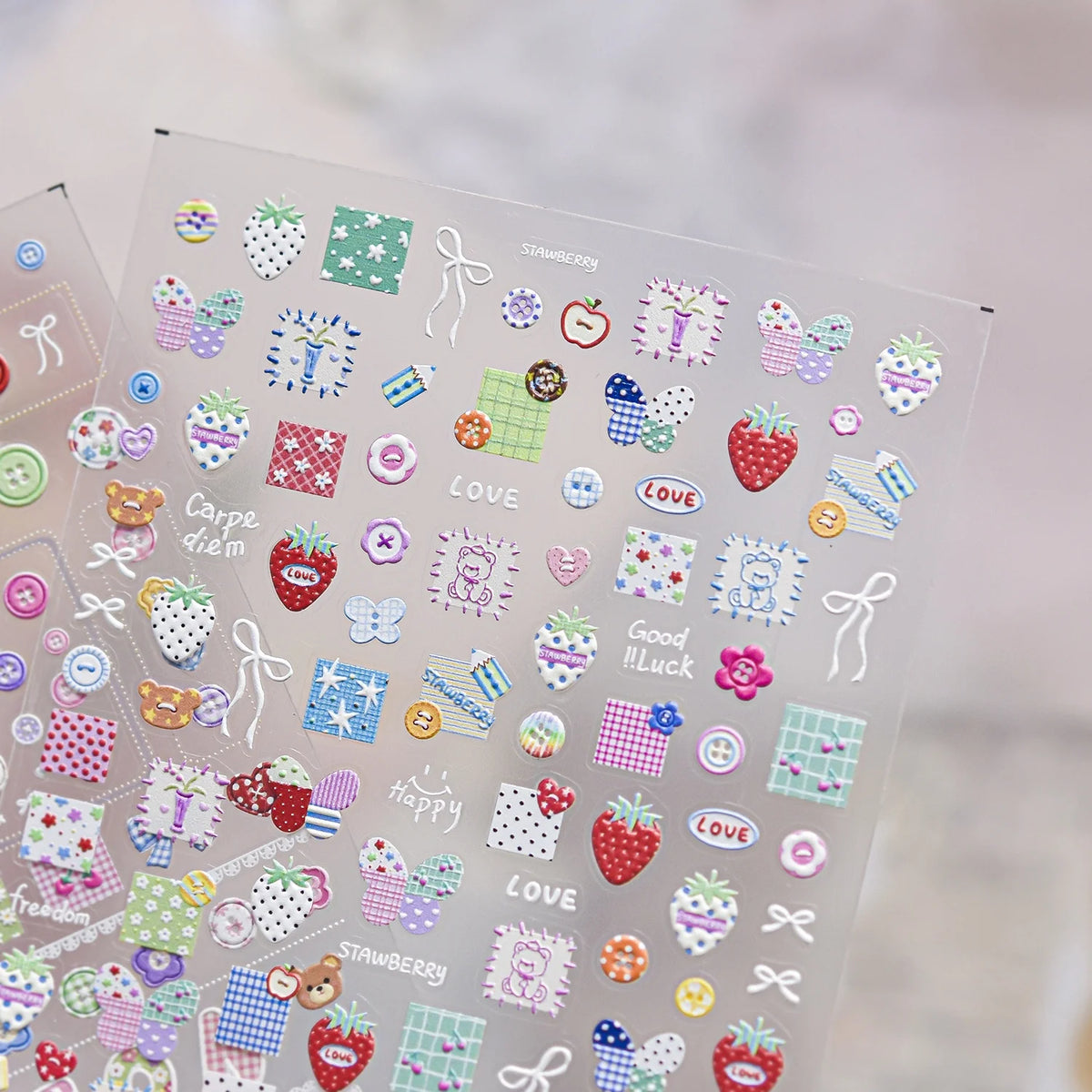 5D Cartoon Nail Stickers | Bear Bow Strawberry Self-Adhesive Nail Art Stickers QXL