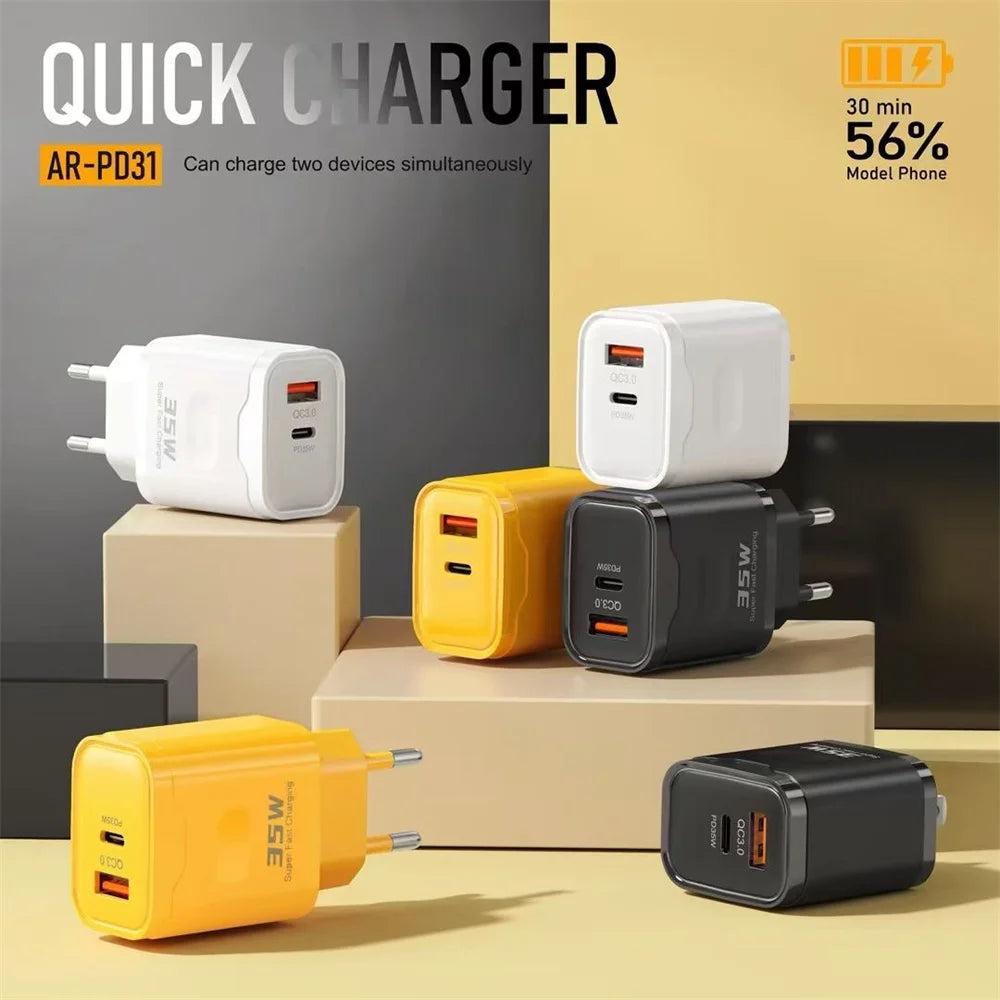 35W USB-C Fast Charger QC3.0 PD Wall Adapter EU US Plug USB-C Wall Charger QXL