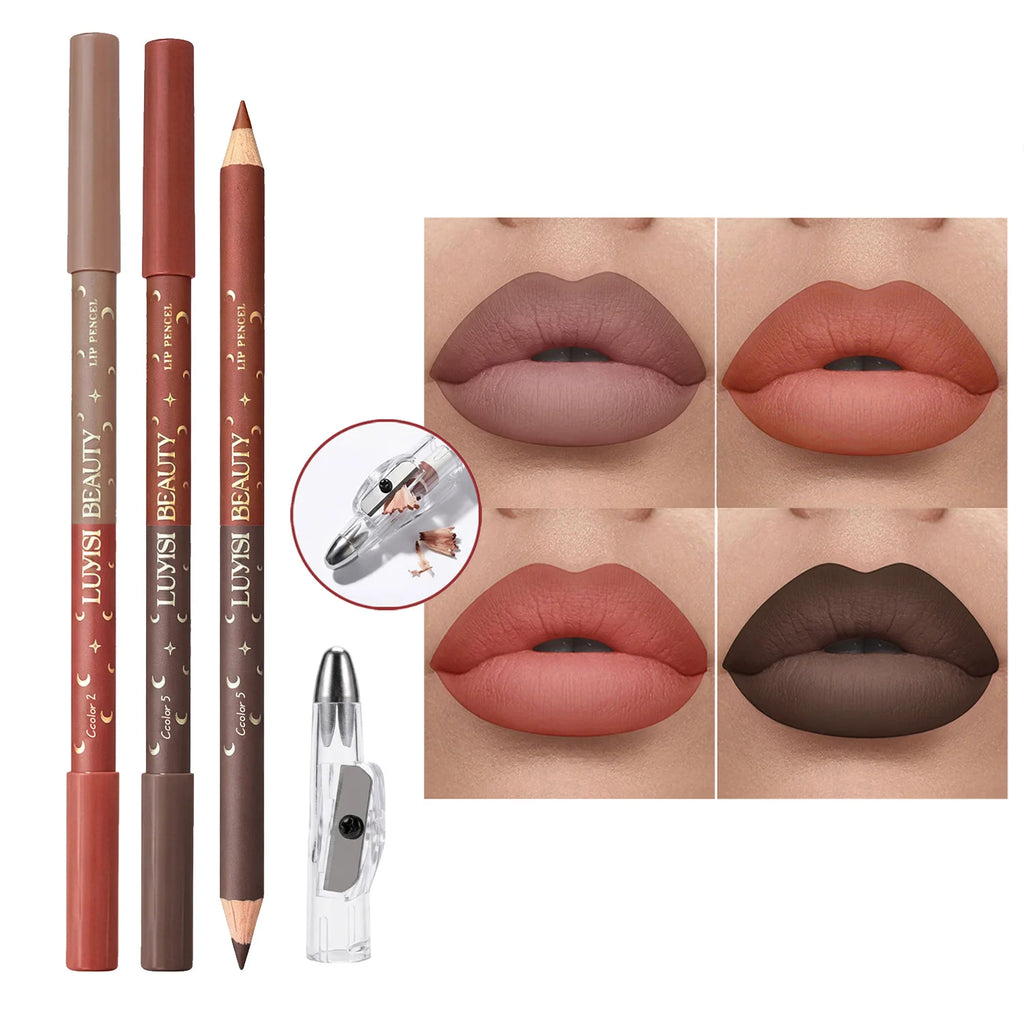 3-Pack Velvet Matte Lip Liners + Sharpener | Waterproof Lip Liner Set QXL