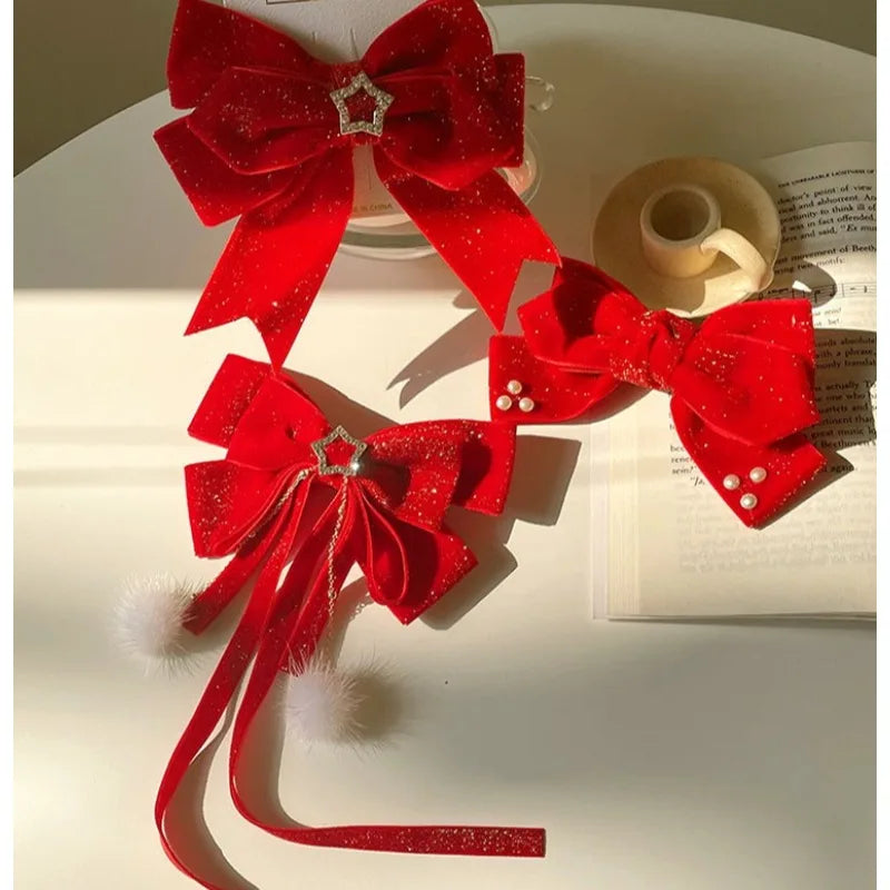 Red Gold Bow Hair Clip | Christmas Holiday Hair Accessory Bow Hair Clip QXL