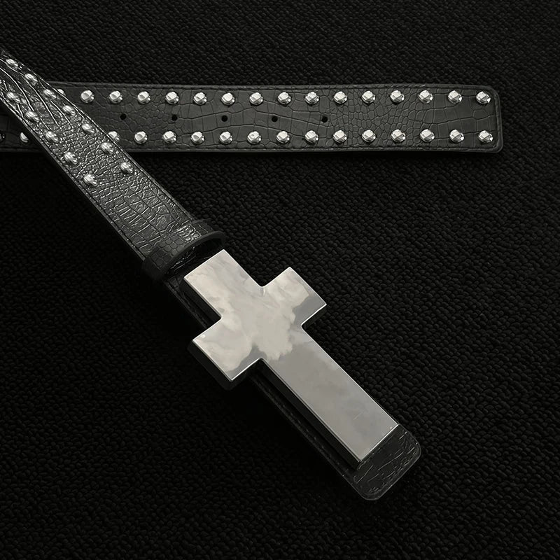 Gothic Punk Crackle Studded Cross Belt | Women's PU Wide Band Gothic Studded Belt QXL