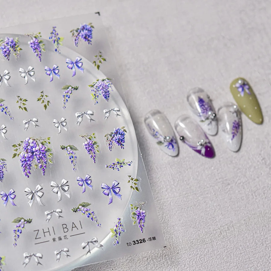 5D Wisteria Flower Nail Art Stickers | Kawaii Purple Decals Nail Art Stickers QXL