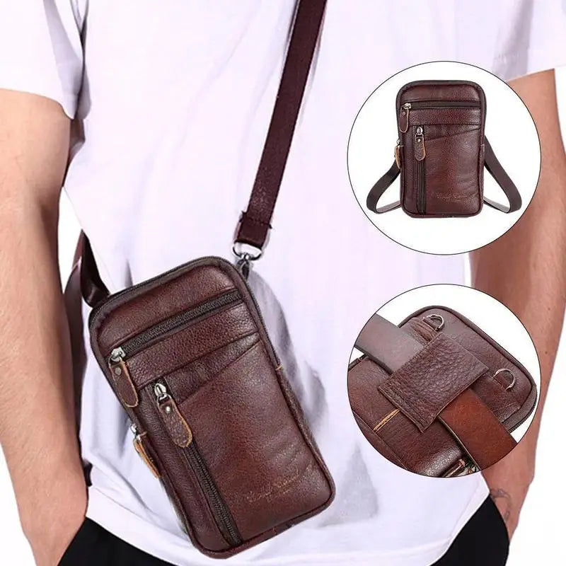 Men's Leather Crossbody Phone Bag | Multi-Pocket Waist Pack Crossbody Phone Bag QXL